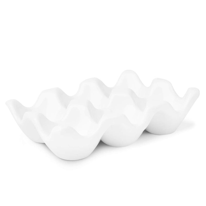 Flexzion Ceramic Egg Holder for Fridge - 6 Cups Egg Tray Half Dozen Porcelain Container Keeper Storage Organizer Decorative Serving Dish Serveware for Refrigerator Countertop Display Kitchen (White) - Image 1